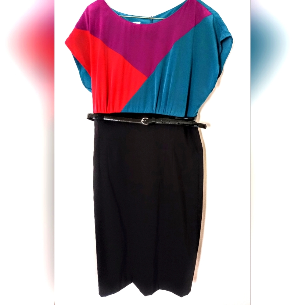 LIKE NEW COLORFUL DRESS, SIZE 12, BY ALYX, BLACK BELT INCLUDED